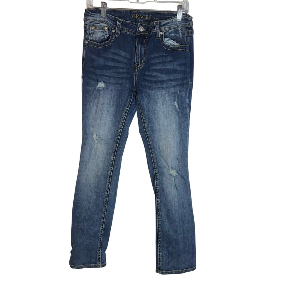 Grace in LA Womens 30 Easy Fit Distressed Bootcut Jeans Stretch Medium Wash